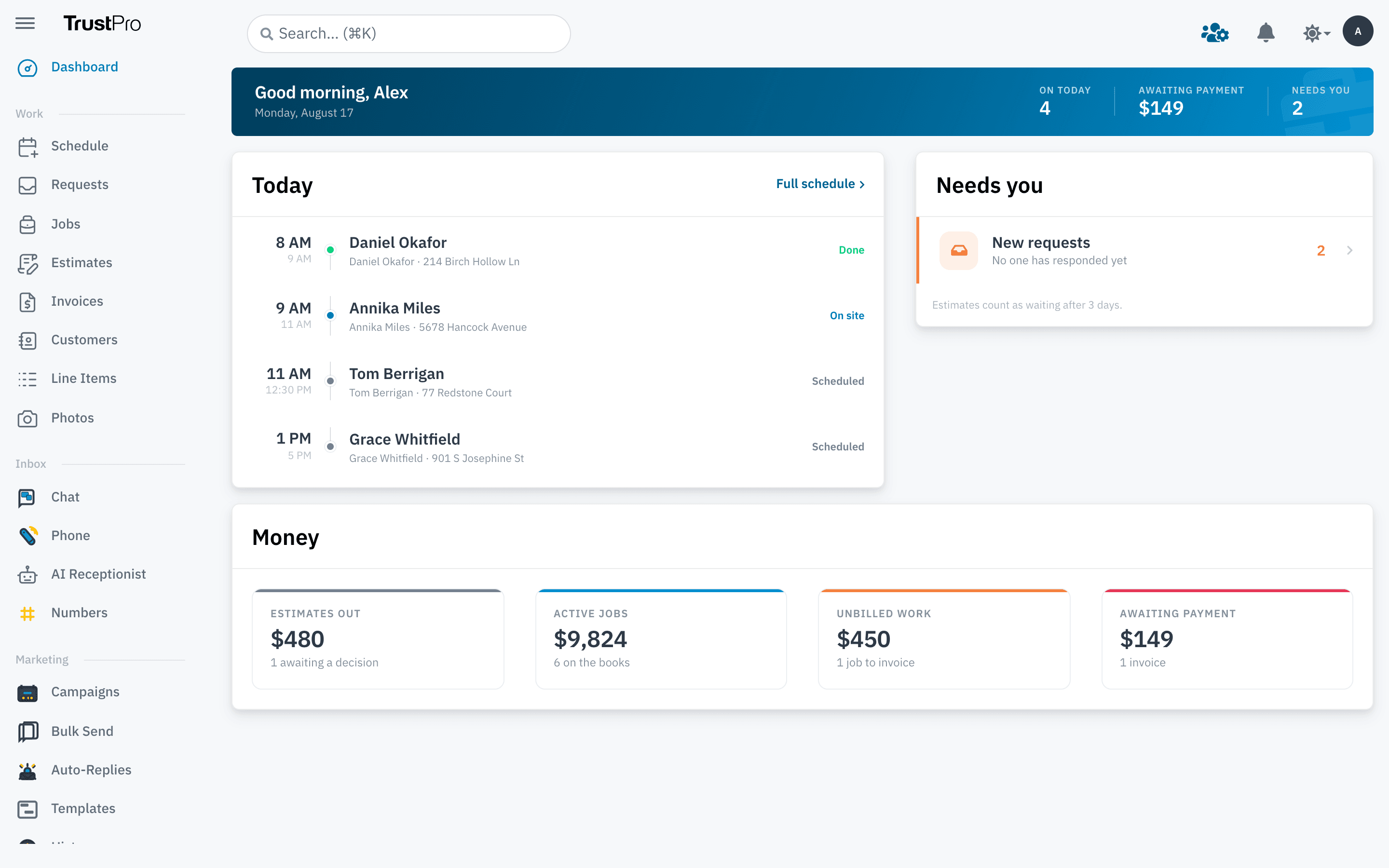 TrustPro dashboard with today's visit timeline, needs-you requests, and money metrics for estimates, active jobs, unbilled work, and payments awaiting