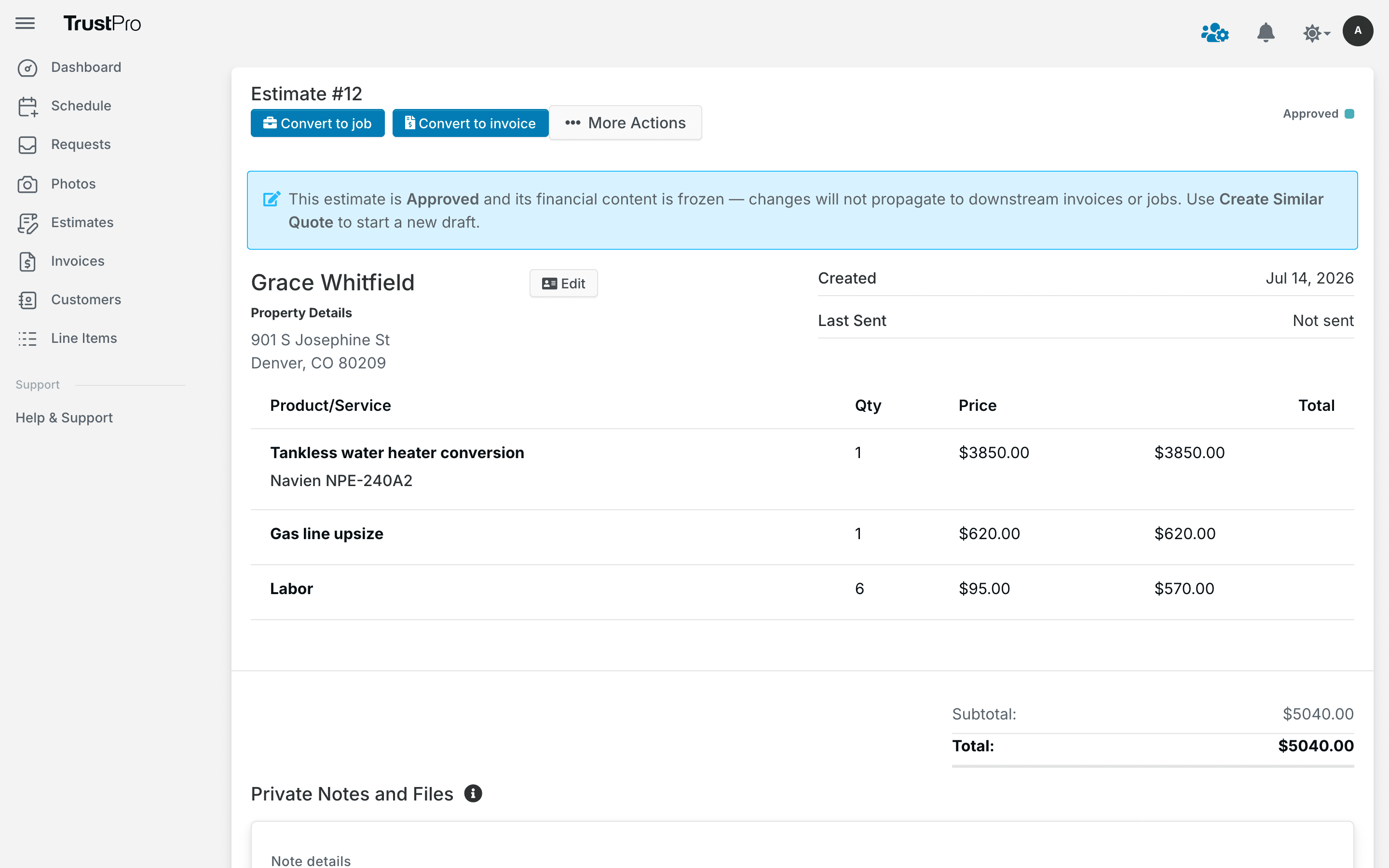 TrustPro estimate with line items, totals, and convert-to-job and convert-to-invoice actions