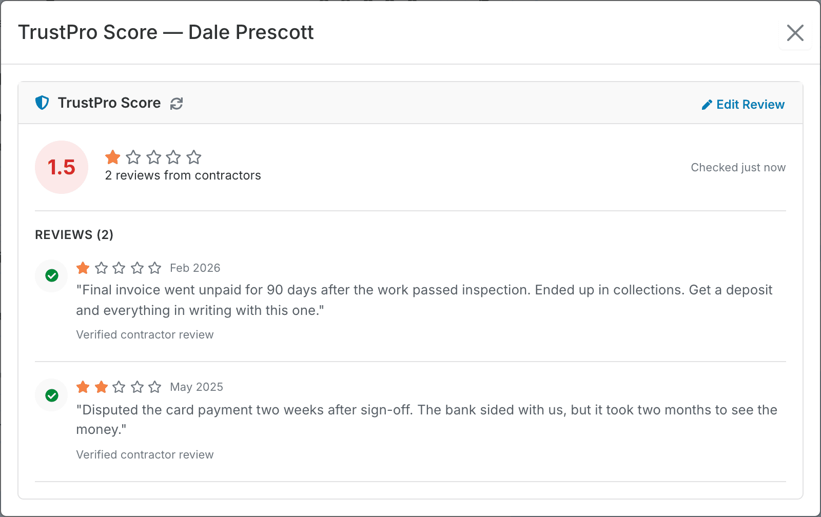 TrustPro Score panel showing a 1.5-star customer with two verified contractor reviews reporting payment problems